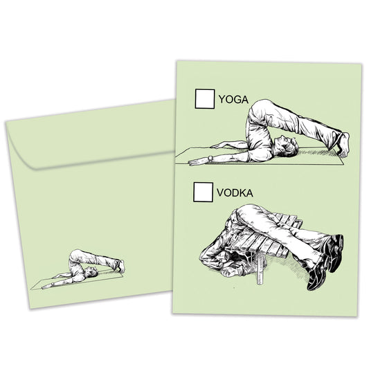 Front view of a Birthday greeting card featuring a sketch of doing yoga with vodka, with a matching envelope.