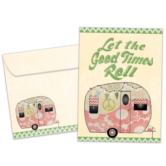 Front view of a birthday greeting card featuring an illustration of a camper trailer and the message "Let the good times roll", with a matching envelope.