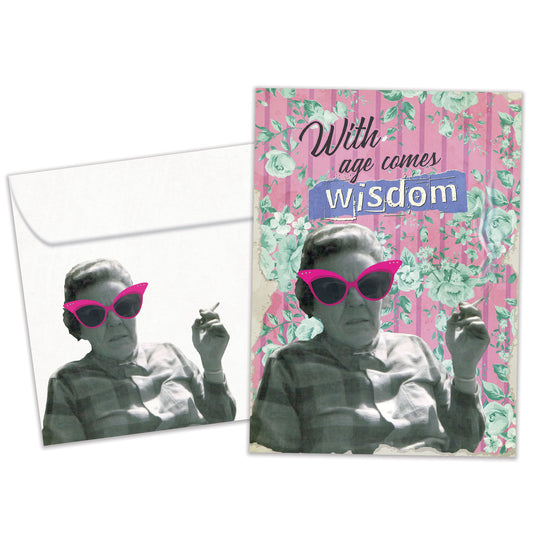 Front view of a Birthday greeting card featuring an old lady smoking with a message about wisdom and age, with a matching envelope.