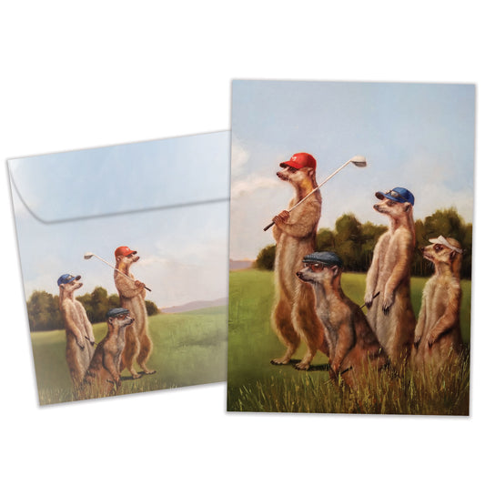 Front view of a Birthday greeting card featuring prairie dogs golfing, with a matching envelope.