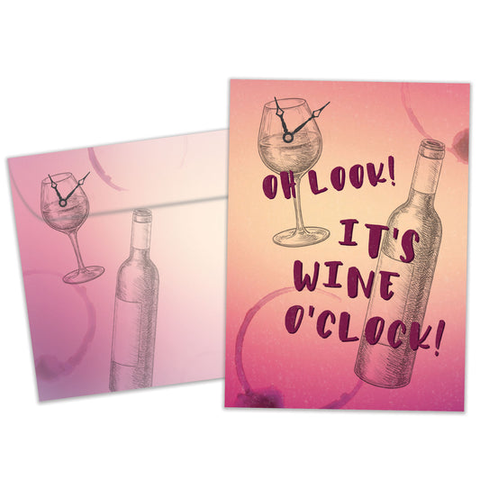 Front view of a Birthday greeting card featuring a sketch of a wine glass with a clock and the words "It's wine o'clock", with a matching envelope.