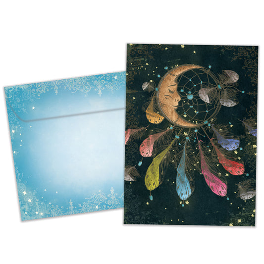 Front view of a Birthday greeting card featuring an illustration of a sleeping moon dreamcatcher, with a matching envelope.