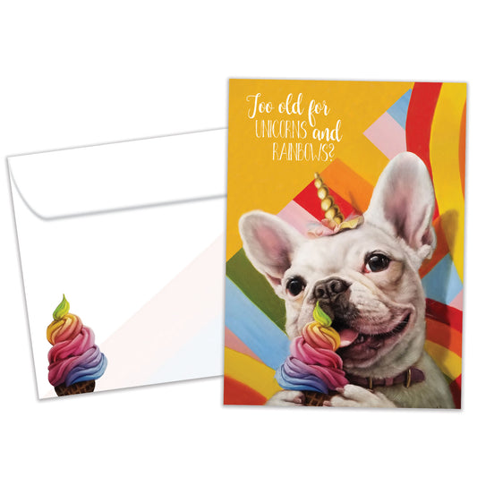 Front view of a Birthday greeting card featuring a dog eating ice cream and wearing a unicorn hat, with a matching envelope.