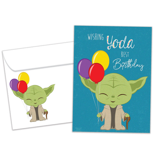 Front view of a Birthday greeting card featuring an illustration of Yoda holding balloons with a birthday message, with a matching envelope.