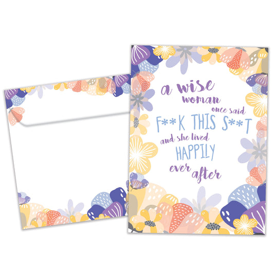 Front view of a Birthday greeting card featuring a floral design surrounding sarcastic words about a wise woman, with a matching envelope.