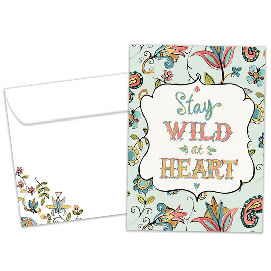 Front view of a Birthday greeting card featuring a floral design surrounding the words "stay wild at heart", with a matching envelope.