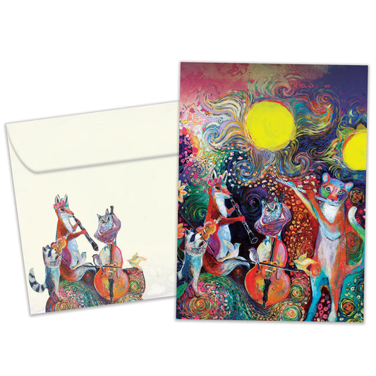 Front and inside view of a Birthday greeting card showcasing a vibrant illustration of musical animals, with a matching envelope.
