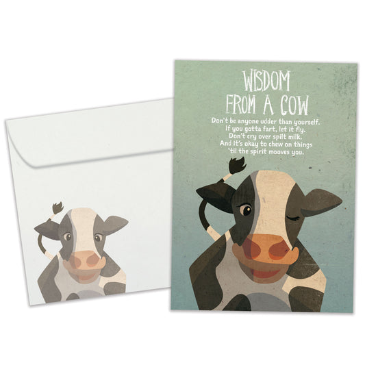 Front view of a Birthday greeting card featuring a winking cow with a fun message about wisdom from a cow, with a matching envelope.