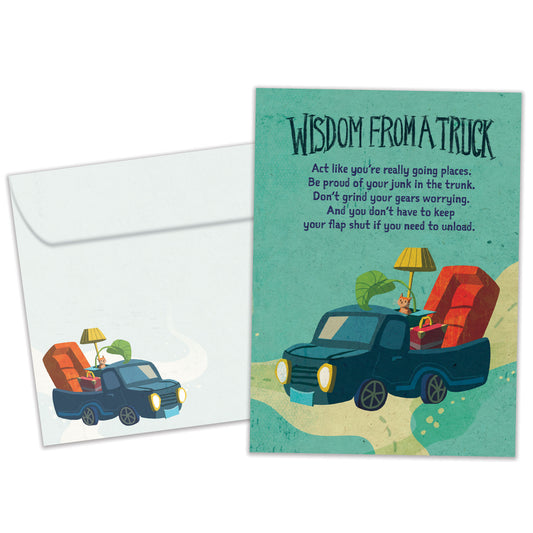 Front view of a Birthday greeting card featuring a truck with words of wisdom from a truck, with a matching envelope.