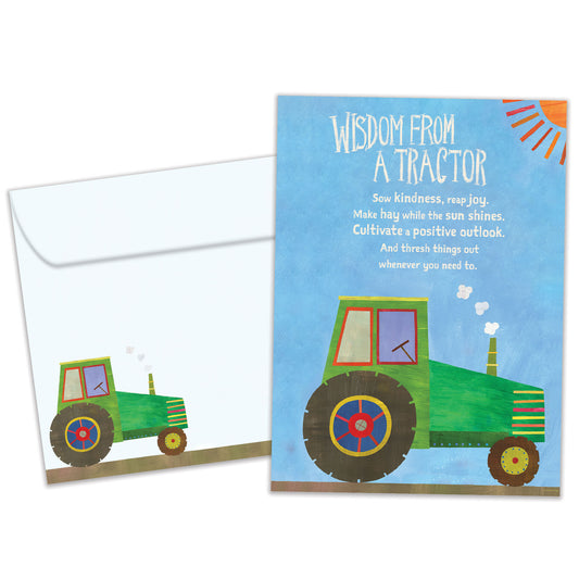 Front view of a Birthday greeting card featuring a tractor with words of wisdom, with a matching envelope.
