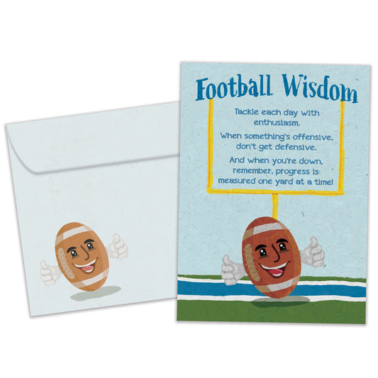 Front view of a Birthday greeting card featuring a smiling football with words of football wisdom, with a matching envelope.