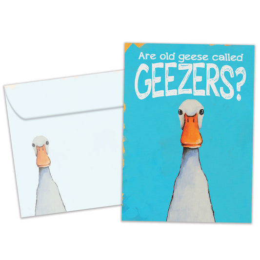 Front view of a Birthday greeting card featuring a goose with the words "are old geese called geezers?", with a matching envelope.