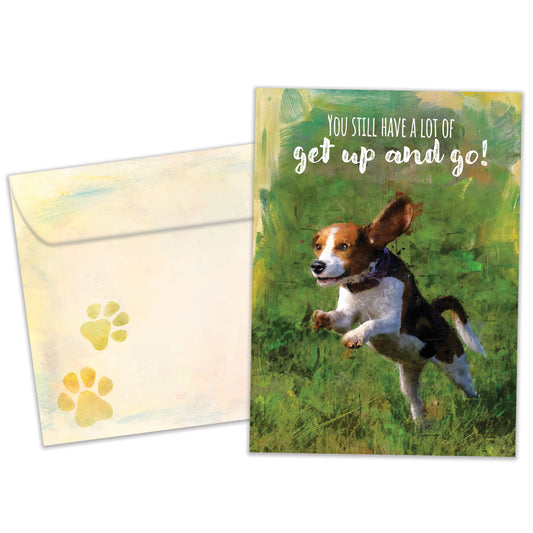 Front view of a Birthday greeting card featuring an illustration of a running dog with a message about having a lot of get up and go, with a matching envelope.