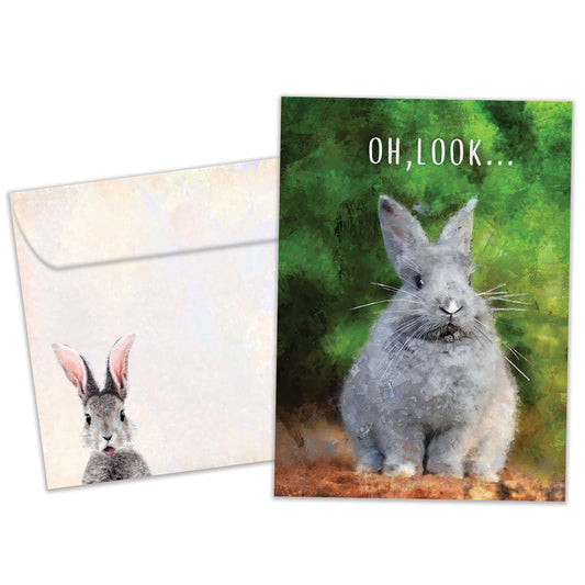 Front view of a Birthday greeting card featuring a bunny with the message "Oh, look...", with a matching envelope.