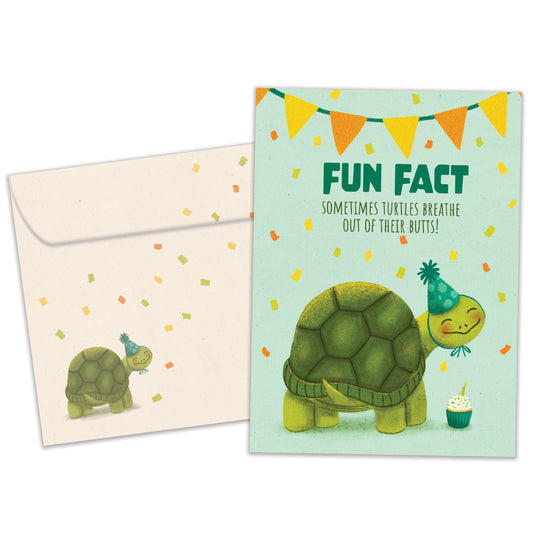 Front view of a Birthday greeting card featuring a birthday turtle with a fun fact message, with a matching envelope.