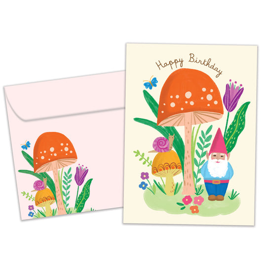 Front view of a Birthday greeting card featuring a colorful illustration of a gnome and mushroom, with a matching envelope.