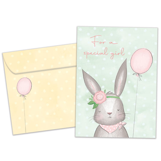 Front view of a Birthday greeting card featuring a birthday bunny and the words "For a special girl" in soft colors, with a matching envelope.