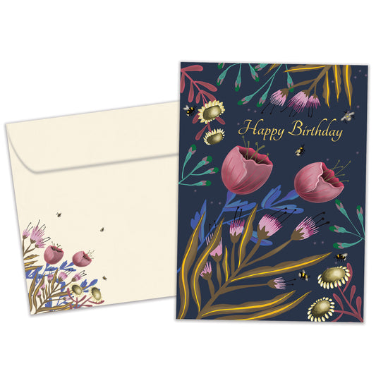 Front view of a Birthday greeting card featuring "happy birthday" surrounded by flowers on a dark background, with a matching envelope.