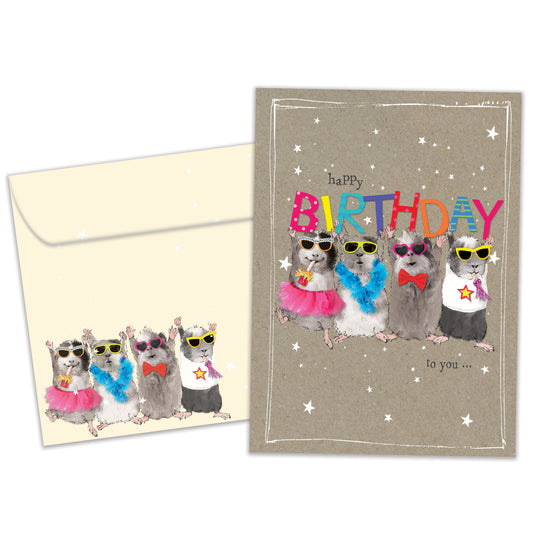 Front view of a Birthday greeting card featuring mice holding up a colourful "happy birthday" message, with a matching envelope.