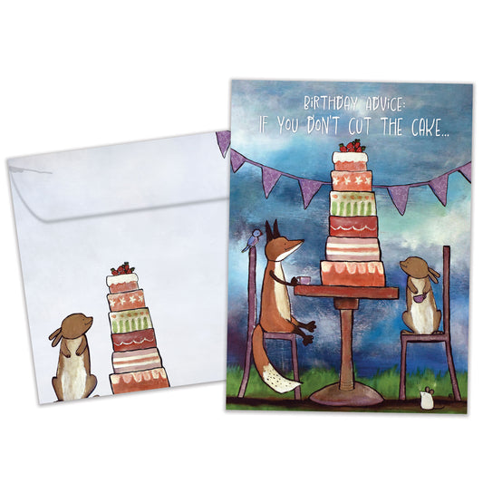 Front view of a Birthday greeting card featuring animals sitting at a table with a tall birthday cake and a message about cutting the cake, with a matching envelope.