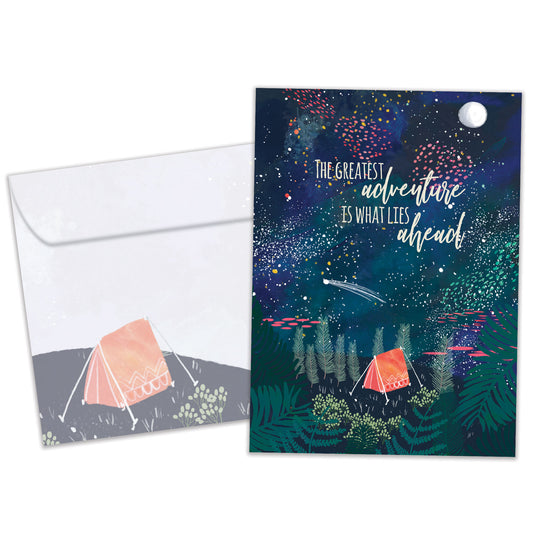 Front view of a Birthday greeting card featuring a tent in the forest at night with a message about adventures ahead, with a matching envelope.