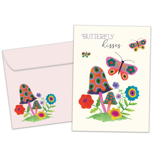 Front view of a Birthday greeting card featuring butterflies and flowers with the message "butterfly kisses", with a matching envelope.