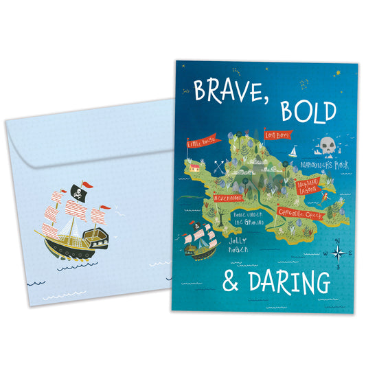Front view of a Birthday greeting card featuring a pirate’s map with the words "brave, bold & daring", with a matching envelope.