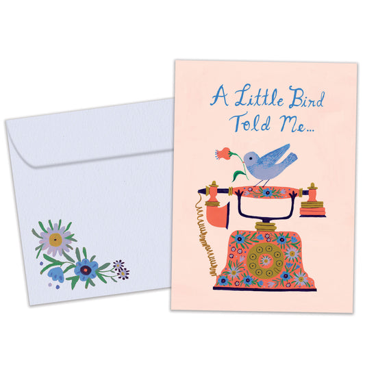 Front view of a Birthday greeting card featuring a bird on a phone with the message "a little bird told me...", with a matching envelope.