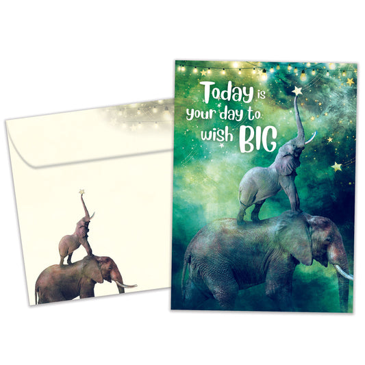 Front view of a birthday greeting card featuring an illustration of a baby and mother elephants with the message "Today is your day to wish big", with a matching envelope.