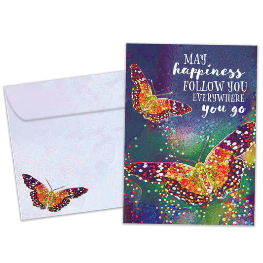 Front view of a birthday greeting card featuring an illustration of two colourful butterflies with a message about happiness, with a matching envelope.