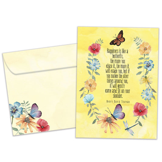 Image 1:
Front view of a birthday greeting card featuring a saying from Henry David Thoreau about happiness, surrounded by flowers and butterflies, with a matching envelope.