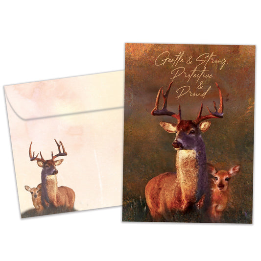 Front view of a birthday greeting card featuring an illustration of a buck and fawn with the message "Gentle & strong, protective & proud", with a matching envelope.