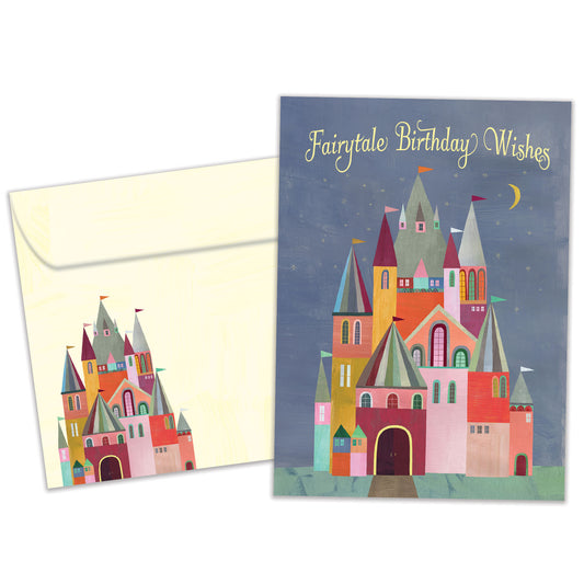Front view of a birthday greeting card featuring a colourful illustration of a castle with the words "Fairytale Birthday Wishes", with a matching envelope.