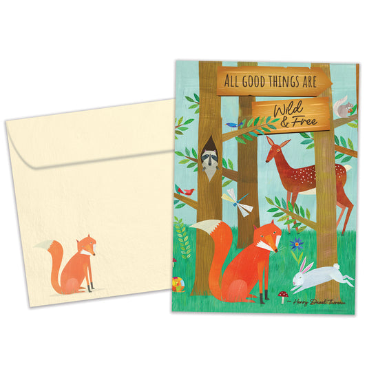 Front view of a birthday greeting card featuring an illustration of a forest scene with animals and a message about being wild and free, with a matching envelope.