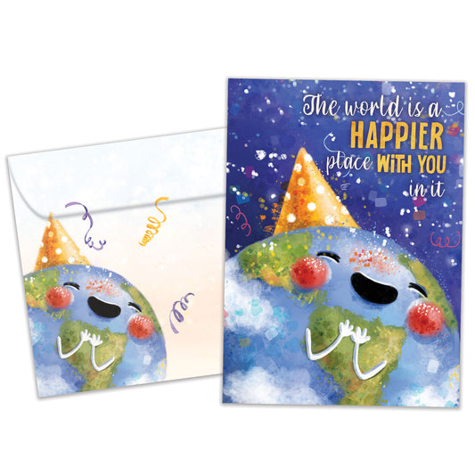 Front view of a birthday greeting card featuring an illustration of the earth with a happy face and a party hat, with a message about you making the world a happier place, with a matching envelope.