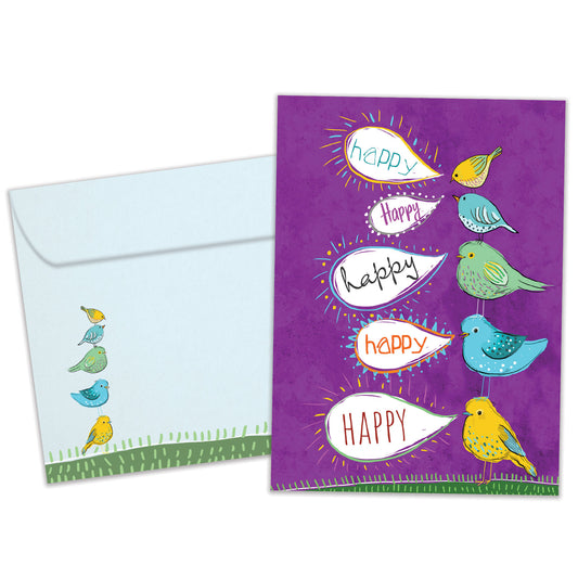 Front view of a birthday greeting card featuring an illustration of colourful birds standing on top of each other with speech bubbles saying "happy", with a matching envelope.