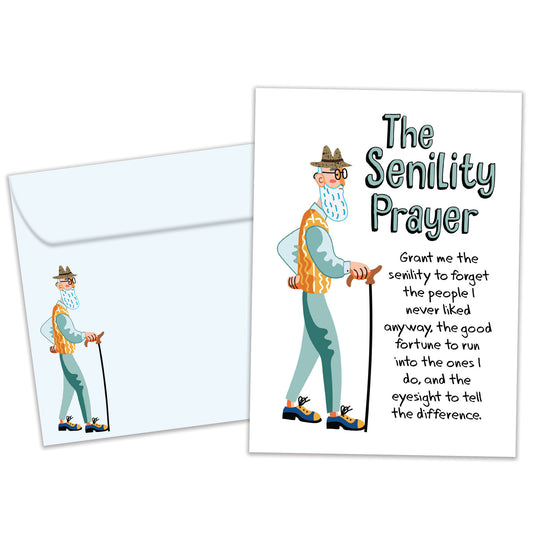 Front view of a Birthday greeting card featuring an elderly man with a cane and the Senility Prayer, with a matching envelope.