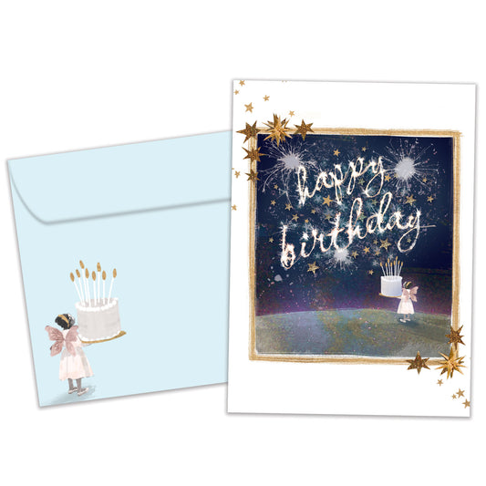 Front view of a Birthday greeting card featuring a fairy holding a birthday cake and the message "Happy Birthday", with a matching envelope.