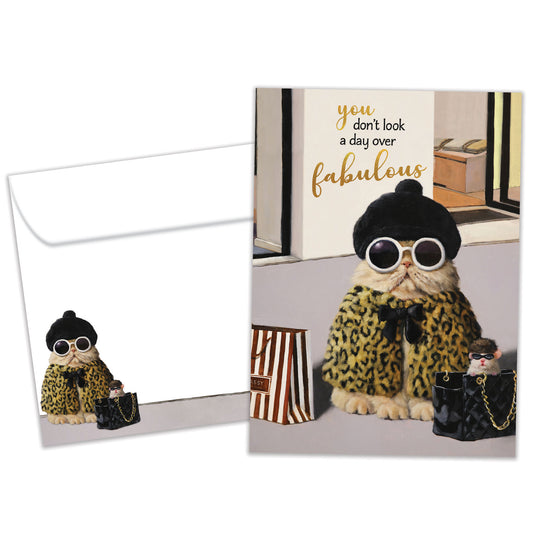 Front view of a Birthday greeting card featuring a fashionable cat and a message about looking fabulous, with a matching envelope.