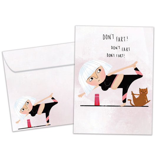 Front view of a Birthday greeting card featuring a woman and cat doing yoga and the message "Don’t fart!", with a matching envelope