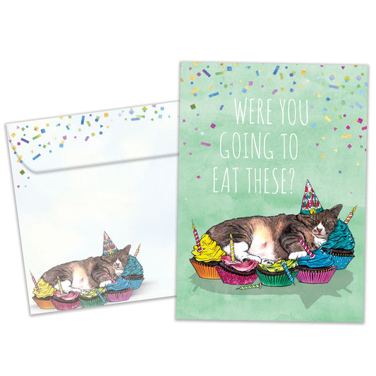Front view of a Birthday greeting card featuring a napping cat surrounded by cupcakes and a message, with a matching envelope