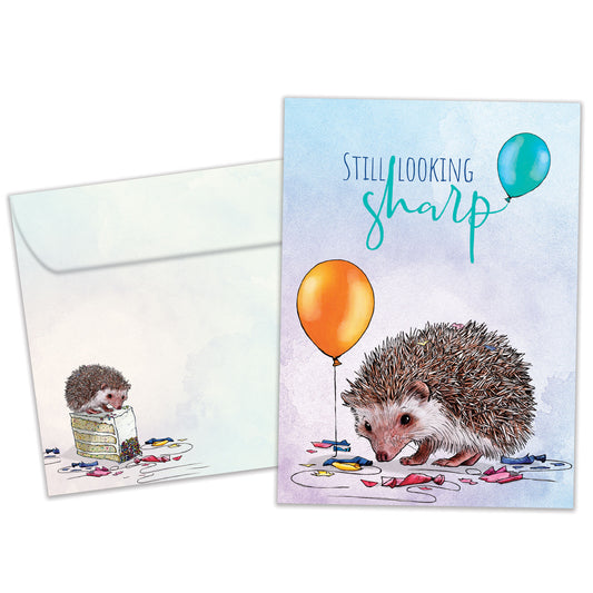 Front view of a Birthday greeting card featuring a porcupine and broken balloons with the message "Still looking sharp", with a matching envelope