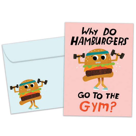 Front view of a Birthday greeting card featuring a hamburger lifting weights and the words "Why do hamburgers go to the gym?", with a matching envelope