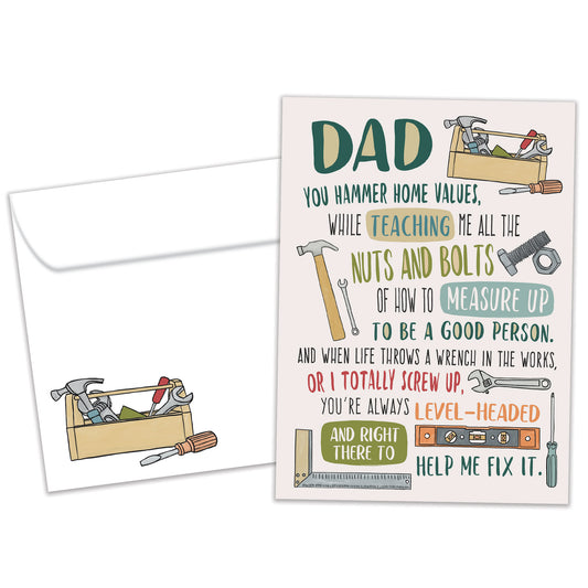 Front view of a Birthday greeting card featuring a message to Dad and images of tools, with a matching envelope