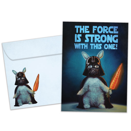 Front view of a Birthday greeting card featuring a bunny dressed up as Darth Vader and a message, with a matching envelope