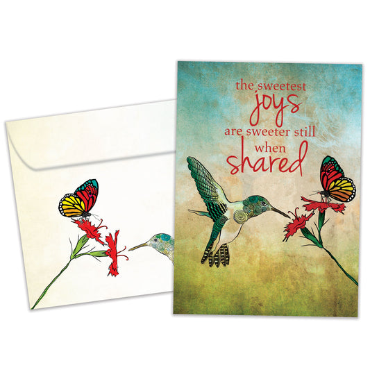 Front view of a Birthday greeting card featuring a flower, humming bird and butterfly and sweet message, with a matching envelope