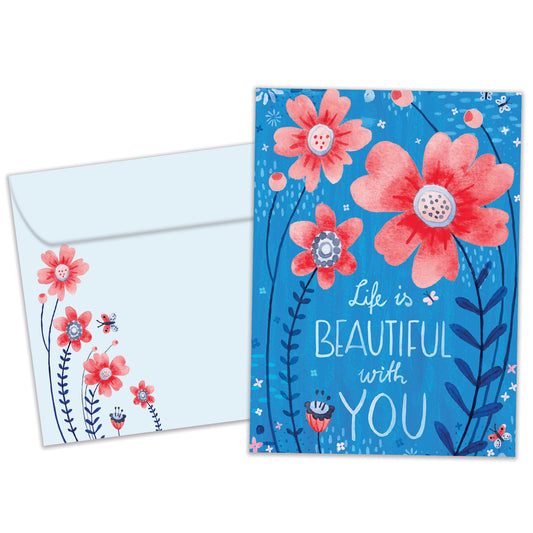 Front view of a Birthday greeting card featuring a beautiful floral design and the message "Life is beautiful with you", with a matching envelope