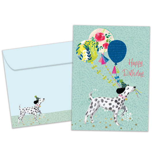 Front view of a Birthday greeting card featuring a happy dog carrying balloons and the message "Happy Birthday", with a matching envelope.