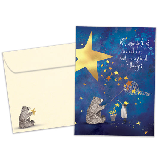 Front view of a Birthday greeting card featuring a bear catching stars with a sweet message, with a matching envelope