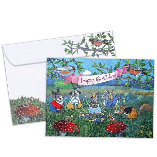Front view of a Birthday greeting card featuring animals celebrating a birthday with the message "Happy Birthday", with a matching envelope